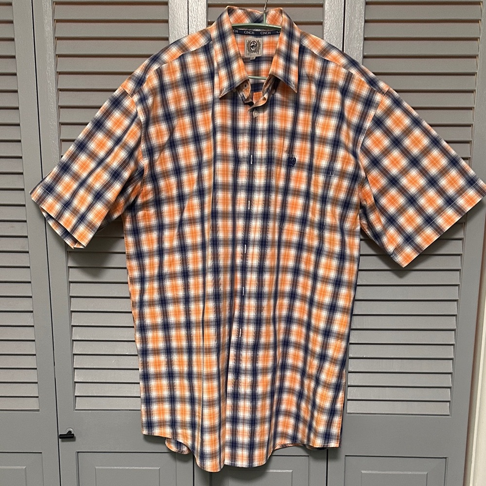 Cinch Men's Plaid Shirt in Orange and Blue